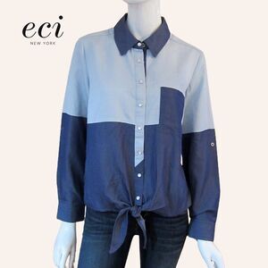 ECI NEW Colorblock Snap Button Front-Tie Roll-Up Sleeve Western Shirt M